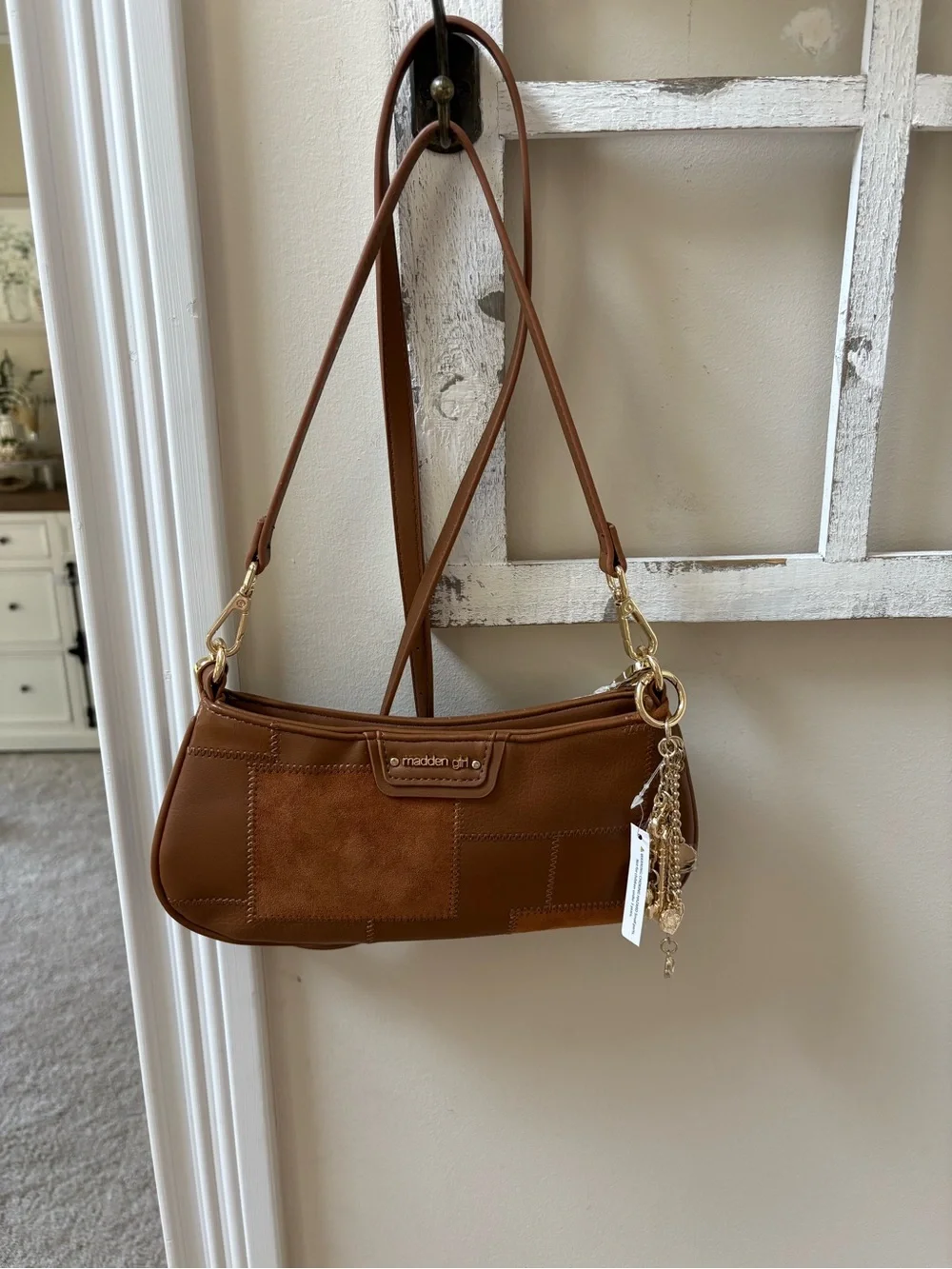 Madden Girl Cognac Patchwork Shoulder Bag with Gold Charm